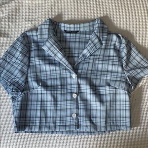 blue button up crop top